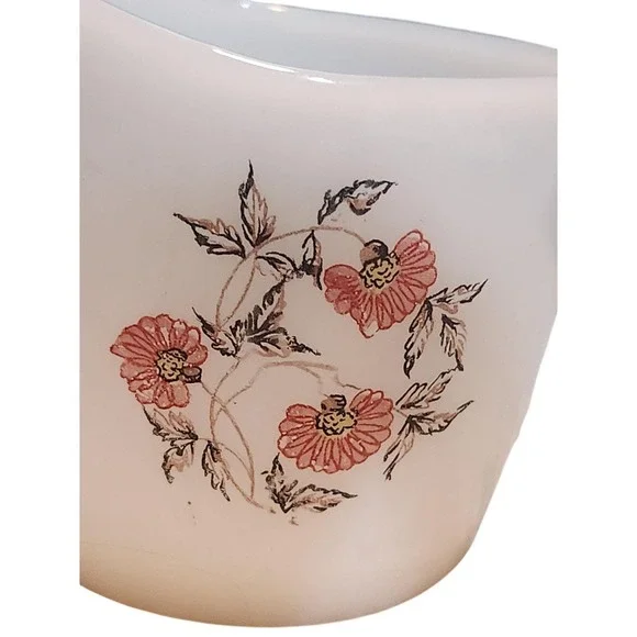 Vintage Fire King Fleurette Milk Glass Creamer‎ pot with pink & red floral MCM - Picture 2 of 6